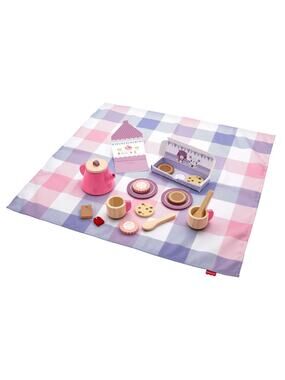 Fisher-Price Wooden Picnic Tea Set Blanket Wood Cups & Saucers 18 Pieces NWT